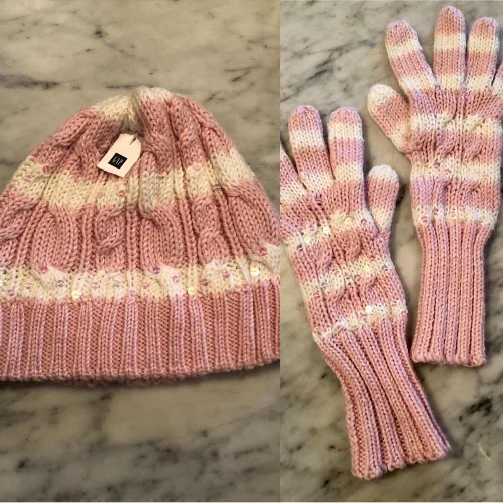 GAP pink and white striped hat and gloves New Never Worn